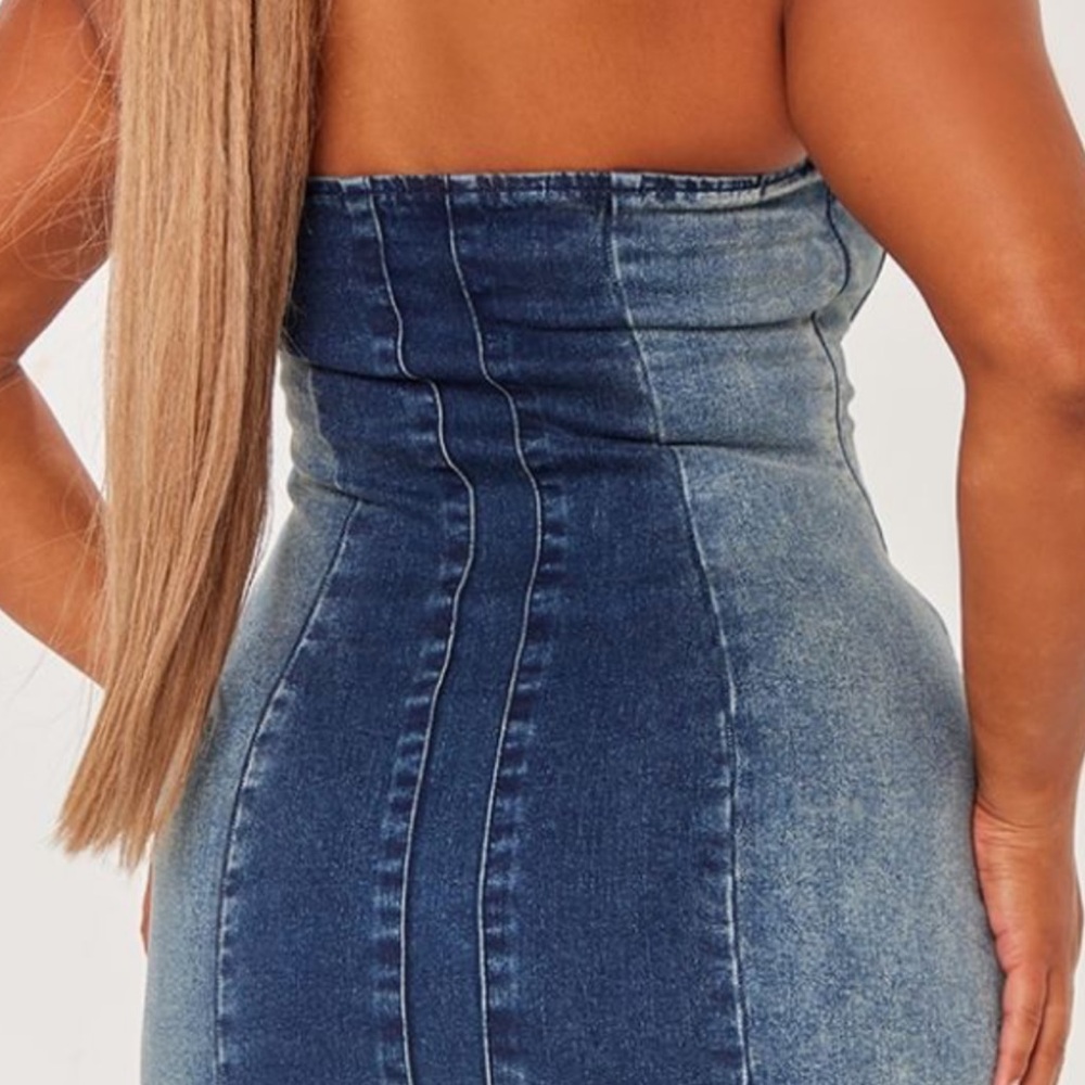 Prettylittlething Blue Strapless Bodycon Dress View 2